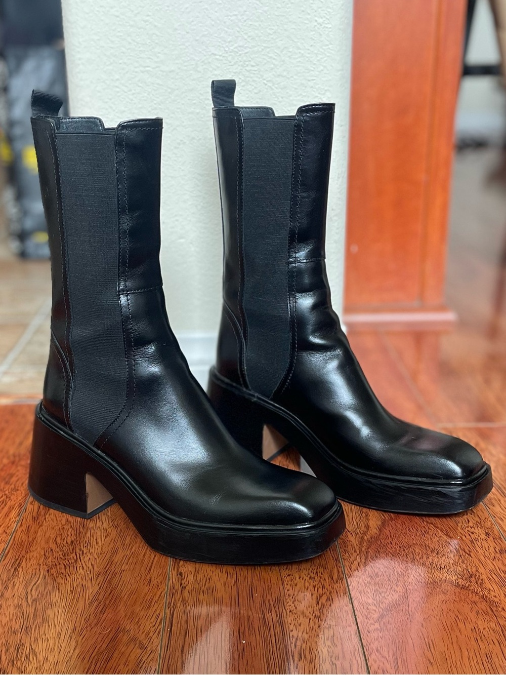 Maje Frizzante Women's Black Leather Platform Mid-Calf Chelsea Boots